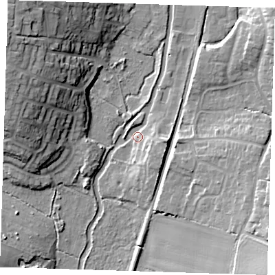 Shaded relief map of the ground around CM219LR, computed from Environment Agency LiDAR. The ground here sits at about 46 m above sea level and falls 22 m across the surrounding 800 m. Surface water reaching this point runs off ground lying to the east-south-east, 7.0 m higher.
