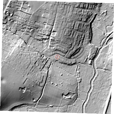 Shaded relief map of the ground around CM219NS, computed from Environment Agency LiDAR. The ground here sits at about 50 m above sea level and falls 22 m across the surrounding 800 m. Surface water reaching this point runs off ground lying to the north, 8.2 m higher.