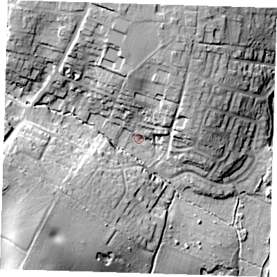 Shaded relief map of the ground around CM219NY, computed from Environment Agency LiDAR. The ground here sits at about 49 m above sea level and falls 23 m across the surrounding 800 m. Surface water reaching this point runs off ground lying to the north, 19.7 m higher.