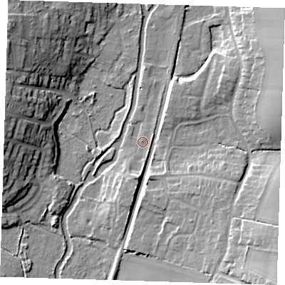 Shaded relief map of the ground around CM219PE, computed from Environment Agency LiDAR. The ground here sits at about 47 m above sea level and falls 20 m across the surrounding 800 m. Surface water reaching this point runs off ground lying to the south, 5.2 m higher.