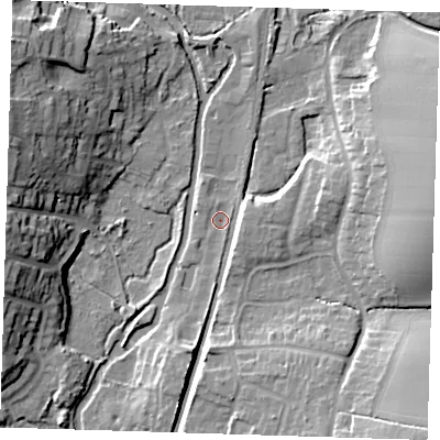 Shaded relief map of the ground around CM219PF, computed from Environment Agency LiDAR. The ground here sits at about 47 m above sea level and falls 18 m across the surrounding 800 m. Surface water reaching this point runs off ground lying to the south-south-east, 0.8 m higher.