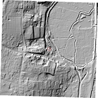 Shaded relief map of the ground around CM219PL, computed from Environment Agency LiDAR. The ground here sits at about 50 m above sea level and falls 23 m across the surrounding 800 m. Surface water reaching this point runs off ground lying to the west, 7.6 m higher.
