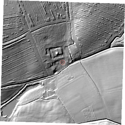 Shaded relief map of the ground around CM226BJ, computed from Environment Agency LiDAR. The ground here sits at about 96 m above sea level and falls 19 m across the surrounding 800 m. Surface water reaching this point runs off ground lying to the north-west, 15.7 m higher.