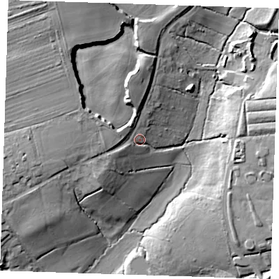 Shaded relief map of the ground around CM226DH, computed from Environment Agency LiDAR. The ground here sits at about 92 m above sea level and falls 23 m across the surrounding 800 m. Surface water reaching this point runs off ground lying to the west-north-west, 4.5 m higher.