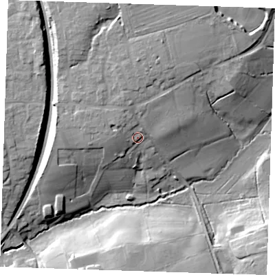 Shaded relief map of the ground around CM226DN, computed from Environment Agency LiDAR. The ground here sits at about 90 m above sea level and falls 24 m across the surrounding 800 m. Surface water reaching this point runs off ground lying to the north-west, 4.6 m higher.