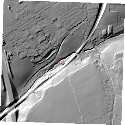 Shaded relief map of the ground around CM226EE, computed from Environment Agency LiDAR. The ground here sits at about 75 m above sea level and falls 35 m across the surrounding 800 m. Surface water reaching this point runs off ground lying to the north-west, 32.1 m higher.