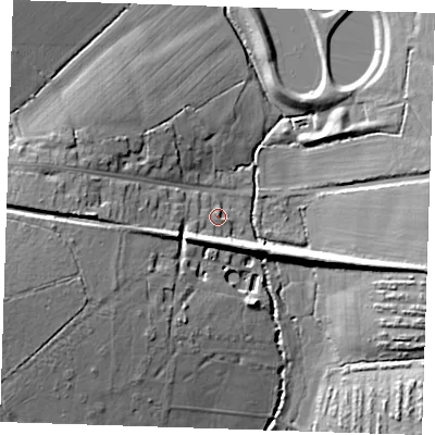 Shaded relief map of the ground around CM226FE, computed from Environment Agency LiDAR. The ground here sits at about 83 m above sea level and falls 18 m across the surrounding 800 m. Surface water reaching this point runs off ground lying to the west-south-west, 14.3 m higher.