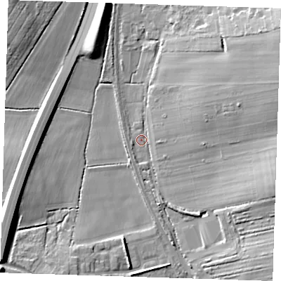 Shaded relief map of the ground around CM226JL, computed from Environment Agency LiDAR. The ground here sits at about 88 m above sea level and falls 15 m across the surrounding 800 m. Surface water reaching this point runs off ground lying to the east-south-east, 9.9 m higher.