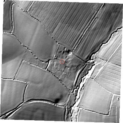 Shaded relief map of the ground around CM226NL, computed from Environment Agency LiDAR. The ground here sits at about 76 m above sea level and falls 17 m across the surrounding 800 m. Surface water reaching this point runs off ground lying to the north, 10.4 m higher.