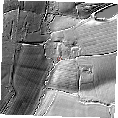 Shaded relief map of the ground around CM226NN, computed from Environment Agency LiDAR. The ground here sits at about 76 m above sea level and falls 21 m across the surrounding 800 m. Surface water reaching this point runs off ground lying to the east, 16.4 m higher.