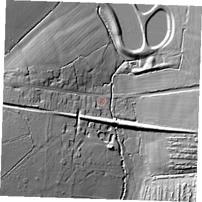 Shaded relief map of the ground around CM226QN, computed from Environment Agency LiDAR. The ground here sits at about 82 m above sea level and falls 17 m across the surrounding 800 m. Surface water reaching this point runs off ground lying to the west-south-west, 16.4 m higher.