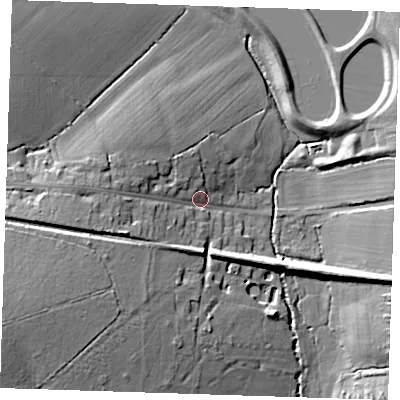Shaded relief map of the ground around CM226QU, computed from Environment Agency LiDAR. The ground here sits at about 85 m above sea level and falls 18 m across the surrounding 800 m. Surface water reaching this point runs off ground lying to the west, 11.4 m higher.