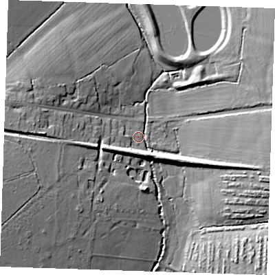 Shaded relief map of the ground around CM226TU, computed from Environment Agency LiDAR. The ground here sits at about 82 m above sea level and falls 17 m across the surrounding 800 m. Surface water reaching this point runs off ground lying to the east, 12.2 m higher.