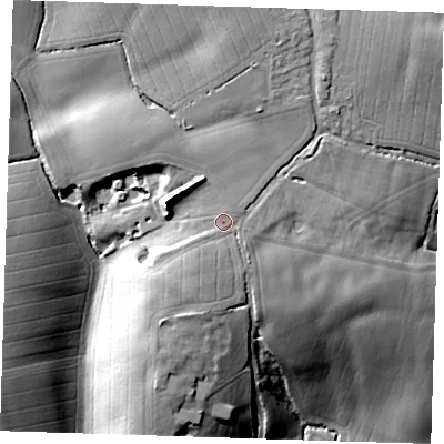 Shaded relief map of the ground around CM227AR, computed from Environment Agency LiDAR. The ground here sits at about 76 m above sea level and falls 26 m across the surrounding 800 m. Surface water reaching this point runs off ground lying to the north-east, 1.3 m higher.