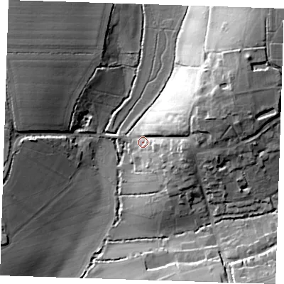 Shaded relief map of the ground around CM227HB, computed from Environment Agency LiDAR. The ground here sits at about 68 m above sea level and falls 20 m across the surrounding 800 m. Surface water reaching this point runs off ground lying to the east-north-east, 15.6 m higher.