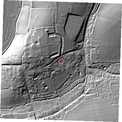 Shaded relief map of the ground around CM227HH, computed from Environment Agency LiDAR. The ground here sits at about 76 m above sea level and falls 21 m across the surrounding 800 m. Surface water reaching this point runs off ground lying to the north-north-west, 8.7 m higher.