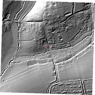 Shaded relief map of the ground around CM227HT, computed from Environment Agency LiDAR. The ground here sits at about 68 m above sea level and falls 19 m across the surrounding 800 m. Surface water reaching this point runs off ground lying to the north, 14.5 m higher.
