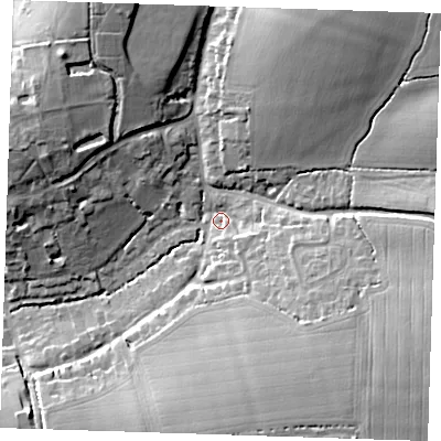 Shaded relief map of the ground around CM227JA, computed from Environment Agency LiDAR. The ground here sits at about 72 m above sea level and falls 20 m across the surrounding 800 m. Surface water reaching this point runs off ground lying to the south-east, 15.5 m higher.