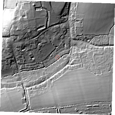 Shaded relief map of the ground around CM227JB, computed from Environment Agency LiDAR. The ground here sits at about 71 m above sea level and falls 21 m across the surrounding 800 m. Surface water reaching this point runs off ground lying to the south-east, 14.8 m higher.