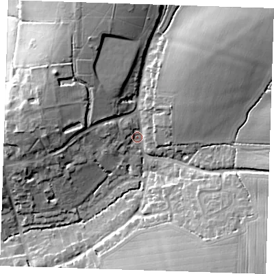 Shaded relief map of the ground around CM227JD, computed from Environment Agency LiDAR. The ground here sits at about 72 m above sea level and falls 21 m across the surrounding 800 m. Surface water reaching this point runs off ground lying to the north-east, 13.4 m higher.