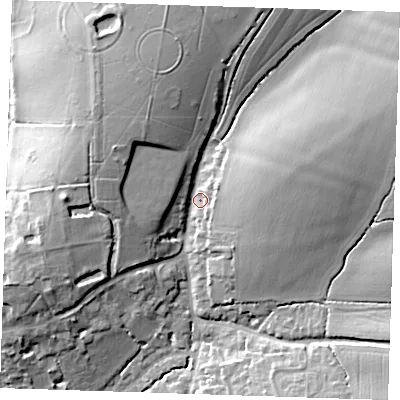 Shaded relief map of the ground around CM227JJ, computed from Environment Agency LiDAR. The ground here sits at about 75 m above sea level and falls 18 m across the surrounding 800 m. Surface water reaching this point runs off ground lying to the east-north-east, 13.1 m higher.