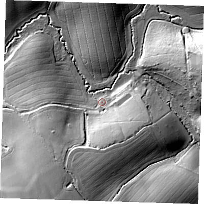 Shaded relief map of the ground around CM227NS, computed from Environment Agency LiDAR. The ground here sits at about 54 m above sea level and falls 25 m across the surrounding 800 m. Surface water reaching this point runs off ground lying to the south-south-west, 20.5 m higher.