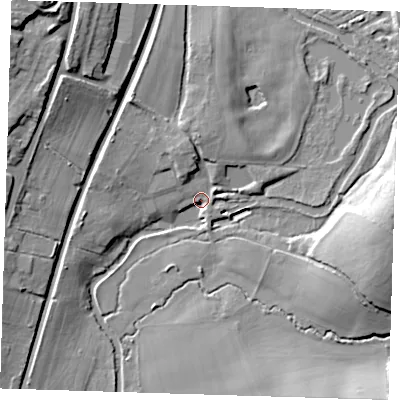 Shaded relief map of the ground around CM227PA, computed from Environment Agency LiDAR. The ground here sits at about 54 m above sea level and falls 24 m across the surrounding 800 m. Surface water reaching this point runs off ground lying to the north, 8.3 m higher.