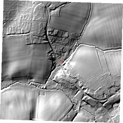 Shaded relief map of the ground around CM227PX, computed from Environment Agency LiDAR. The ground here sits at about 56 m above sea level and falls 18 m across the surrounding 800 m. Surface water reaching this point runs off ground lying to the north-north-west, 14.3 m higher.
