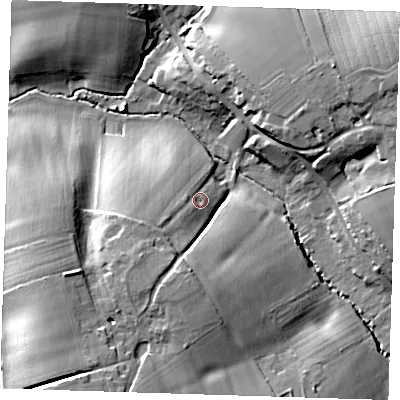 Shaded relief map of the ground around CM227QR, computed from Environment Agency LiDAR. The ground here sits at about 62 m above sea level and falls 18 m across the surrounding 800 m. Surface water reaching this point runs off ground lying to the south-west, 7.7 m higher.