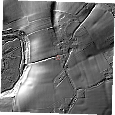Shaded relief map of the ground around CM227QT, computed from Environment Agency LiDAR. The ground here sits at about 69 m above sea level and falls 25 m across the surrounding 800 m. Surface water reaching this point runs off ground lying to the south, 2.6 m higher.