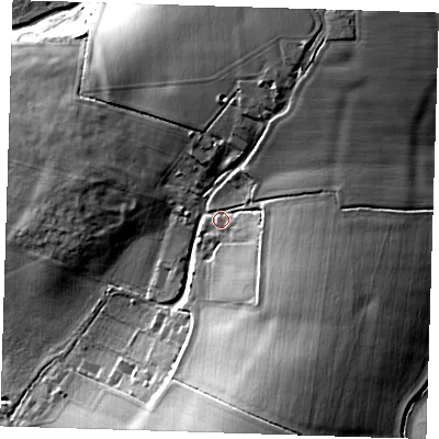 Shaded relief map of the ground around CM227QU, computed from Environment Agency LiDAR. The ground here sits at about 61 m above sea level and falls 25 m across the surrounding 800 m. Surface water reaching this point runs off ground lying to the north-east, 13.5 m higher.