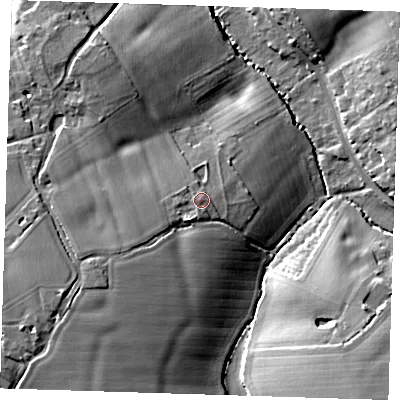 Shaded relief map of the ground around CM227QX, computed from Environment Agency LiDAR. The ground here sits at about 68 m above sea level and falls 18 m across the surrounding 800 m. Surface water reaching this point runs off ground lying to the south-south-west, 2.9 m higher.