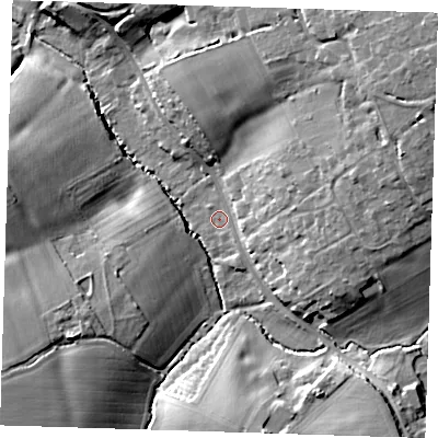 Shaded relief map of the ground around CM227RA, computed from Environment Agency LiDAR. The ground here sits at about 58 m above sea level and falls 19 m across the surrounding 800 m. Surface water reaching this point runs off ground lying to the east-north-east, 13.7 m higher.