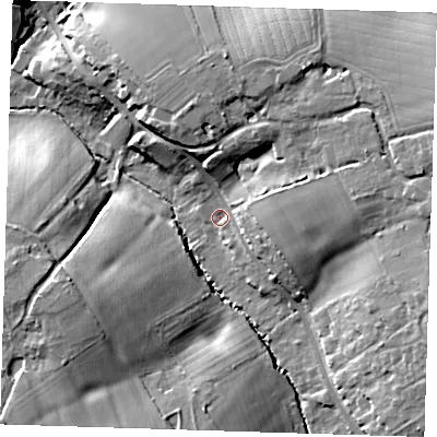 Shaded relief map of the ground around CM227RD, computed from Environment Agency LiDAR. The ground here sits at about 58 m above sea level and falls 17 m across the surrounding 800 m. Surface water reaching this point runs off ground lying to the east-north-east, 9.6 m higher.