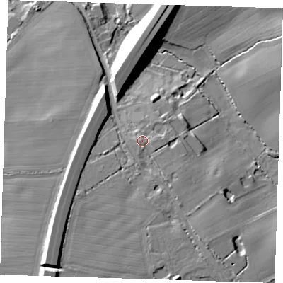 Shaded relief map of the ground around CM227RP, computed from Environment Agency LiDAR. The ground here sits at about 75 m above sea level and falls 20 m across the surrounding 800 m. Surface water reaching this point runs off ground lying to the south-south-east, 4.5 m higher.