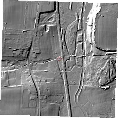 Shaded relief map of the ground around CM227SE, computed from Environment Agency LiDAR. The ground here sits at about 51 m above sea level and falls 20 m across the surrounding 800 m. Surface water reaching this point runs off ground lying to the north-west, 12.3 m higher.