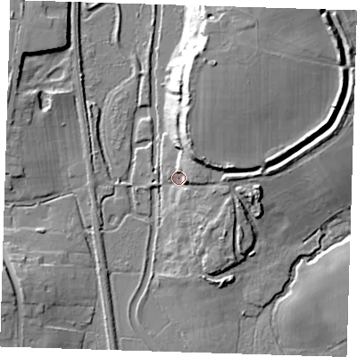 Shaded relief map of the ground around CM227SG, computed from Environment Agency LiDAR. The ground here sits at about 54 m above sea level and falls 20 m across the surrounding 800 m. Surface water reaching this point runs off ground lying to the north-north-east, 17.6 m higher.