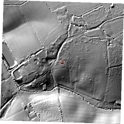 Shaded relief map of the ground around CM227TZ, computed from Environment Agency LiDAR. The ground here sits at about 81 m above sea level and falls 28 m across the surrounding 800 m. Surface water reaching this point runs off ground lying to the north-east, 7.5 m higher.