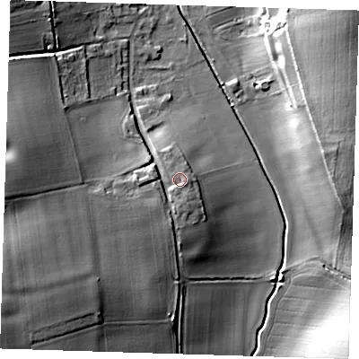Shaded relief map of the ground around CM231DA, computed from Environment Agency LiDAR. The ground here sits at about 75 m above sea level and falls 29 m across the surrounding 800 m. Surface water reaching this point runs off ground lying to the south-south-west, 1.5 m higher.
