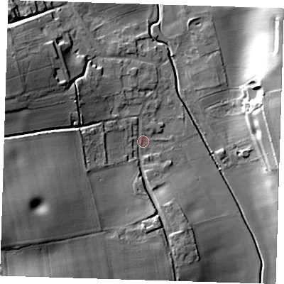 Shaded relief map of the ground around CM231DE, computed from Environment Agency LiDAR. The ground here sits at about 68 m above sea level and falls 28 m across the surrounding 800 m. Surface water reaching this point runs off ground lying to the west-south-west, 25.7 m higher.