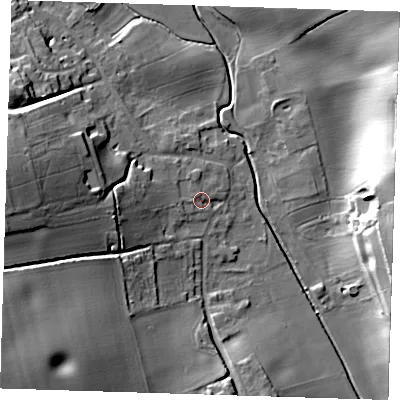 Shaded relief map of the ground around CM231DF, computed from Environment Agency LiDAR. The ground here sits at about 69 m above sea level and falls 29 m across the surrounding 800 m. Surface water reaching this point runs off ground lying to the west-south-west, 10.8 m higher.