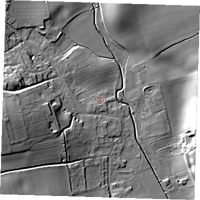 Shaded relief map of the ground around CM231DN, computed from Environment Agency LiDAR. The ground here sits at about 69 m above sea level and falls 27 m across the surrounding 800 m. Surface water reaching this point runs off ground lying to the south-south-west, 1.8 m higher.