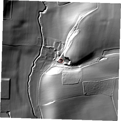 Shaded relief map of the ground around CM231DX, computed from Environment Agency LiDAR. The ground here sits at about 75 m above sea level and falls 33 m across the surrounding 800 m. Surface water reaching this point runs off ground lying to the east, 27.1 m higher.