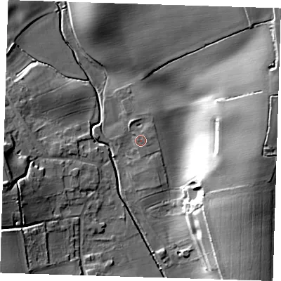 Shaded relief map of the ground around CM231DY, computed from Environment Agency LiDAR. The ground here sits at about 70 m above sea level and falls 34 m across the surrounding 800 m. Surface water reaching this point runs off ground lying to the east-north-east, 0.8 m higher.