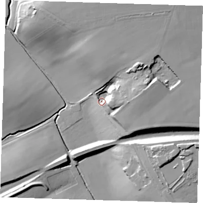 Shaded relief map of the ground around CM231JB, computed from Environment Agency LiDAR. The ground here sits at about 67 m above sea level and falls 28 m across the surrounding 800 m. Surface water reaching this point runs off ground lying to the east, 18.6 m higher.
