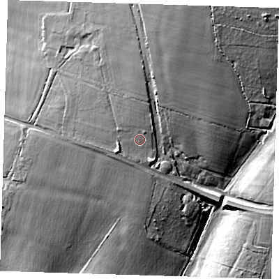 Shaded relief map of the ground around CM231JH, computed from Environment Agency LiDAR. The ground here sits at about 100 m above sea level and falls 19 m across the surrounding 800 m. Surface water reaching this point runs off ground lying to the north, 1.6 m higher.