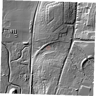 Shaded relief map of the ground around CM232AH, computed from Environment Agency LiDAR. The ground here sits at about 63 m above sea level and falls 24 m across the surrounding 800 m. Surface water reaching this point runs off ground lying to the south-south-east, 7.5 m higher.