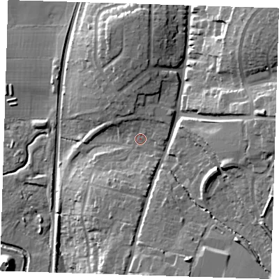 Shaded relief map of the ground around CM232AJ, computed from Environment Agency LiDAR. The ground here sits at about 66 m above sea level and falls 26 m across the surrounding 800 m. Surface water reaching this point runs off ground lying to the north, 3.7 m higher.