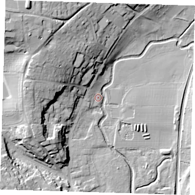 Shaded relief map of the ground around CM232BB, computed from Environment Agency LiDAR. The ground here sits at about 58 m above sea level and falls 33 m across the surrounding 800 m. Surface water reaching this point runs off ground lying to the north-west, 25.6 m higher.