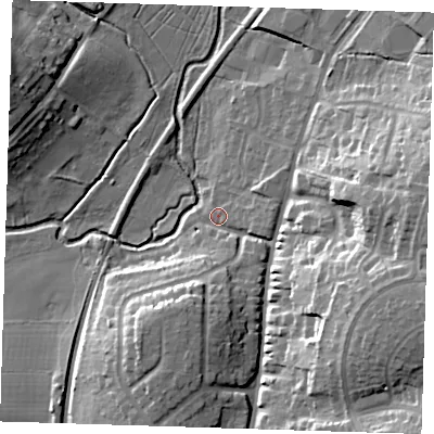 Shaded relief map of the ground around CM232BN, computed from Environment Agency LiDAR. The ground here sits at about 60 m above sea level and falls 25 m across the surrounding 800 m. Surface water reaching this point runs off ground lying to the east-south-east, 21.9 m higher.